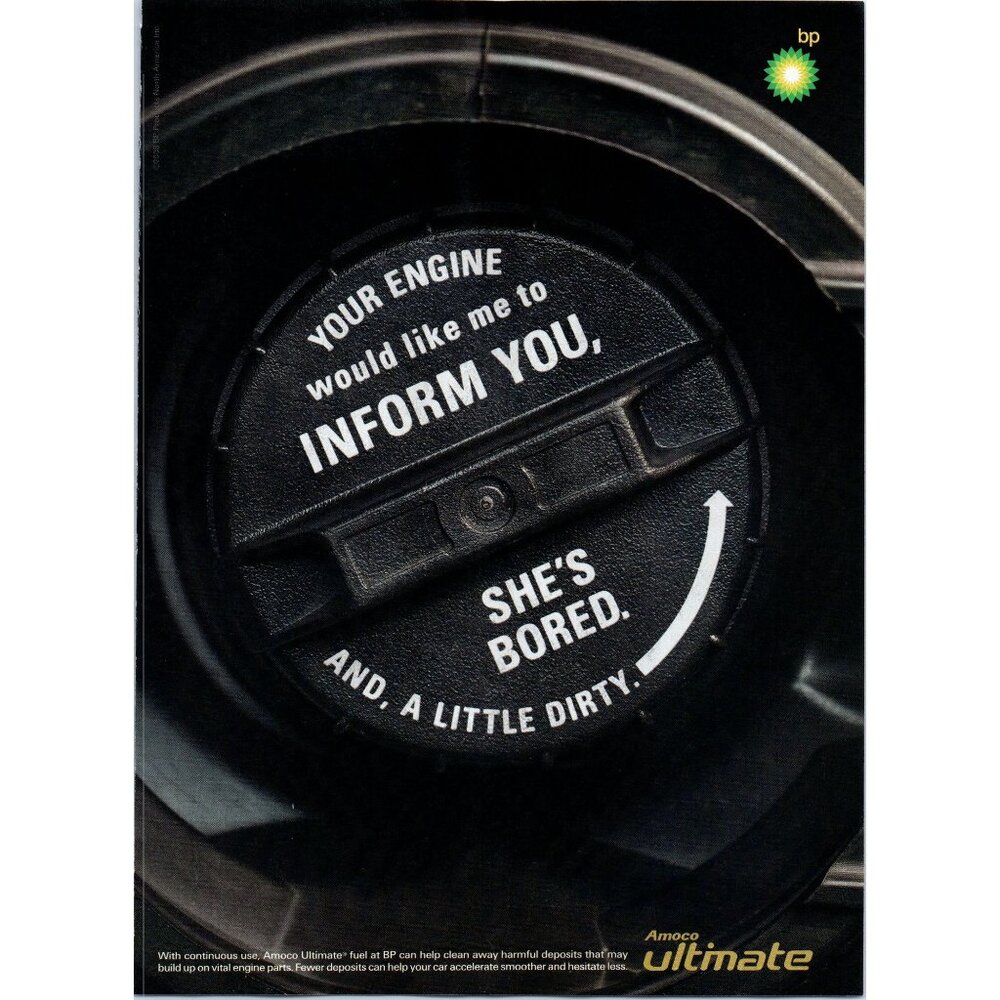 2009 BP Amoco Ultimate Premium Gasoline Gas Cap Vintage Print Ad Inuendo Art